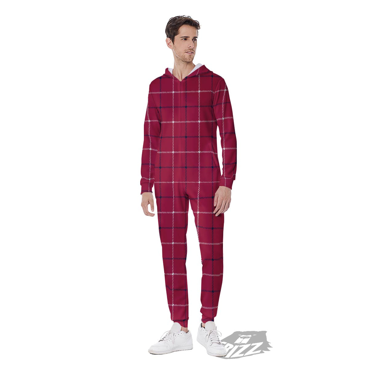 Tattersall Red Print Pattern Men's Jumpsuit-grizzshop