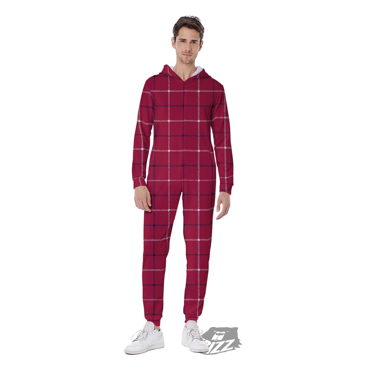 Tattersall Red Print Pattern Men's Jumpsuit-grizzshop