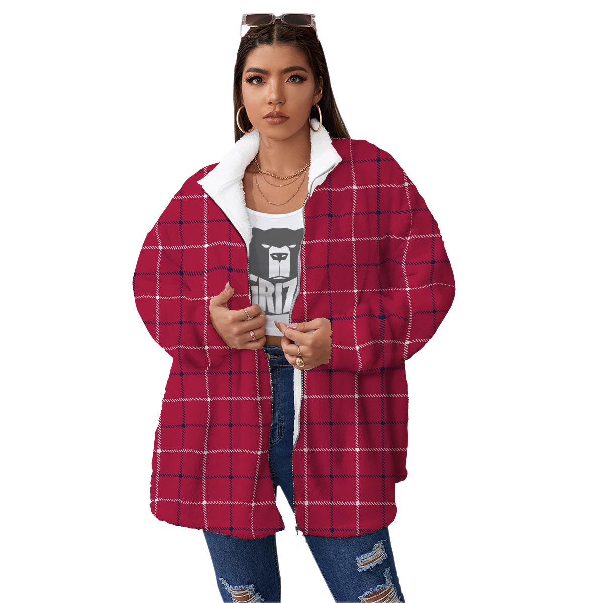 Tattersall Red Print Pattern Women's Sherpa Jacket-grizzshop