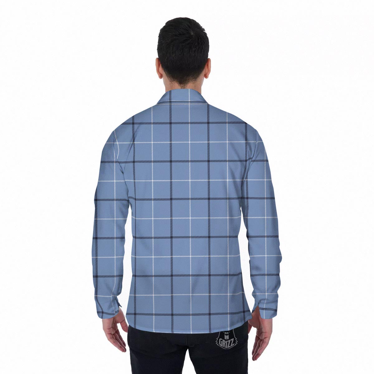 Tattersall Solf Blue Print Pattern Men's Long Sleeve Shirts-grizzshop