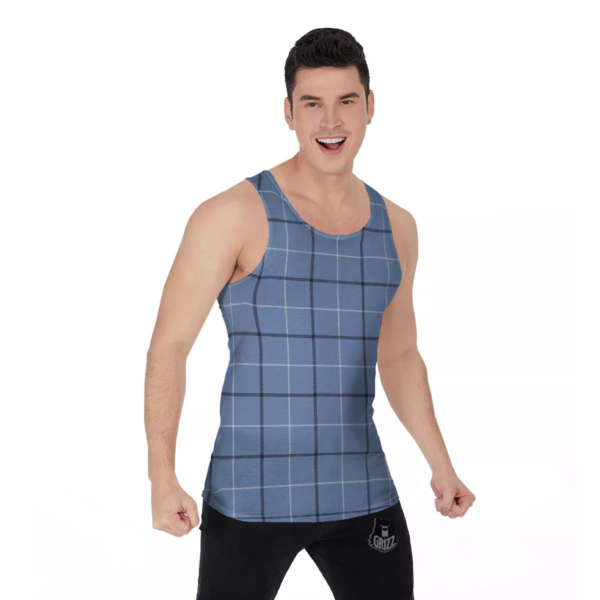 Tattersall Solf Blue Print Pattern Men's Tank Top-grizzshop