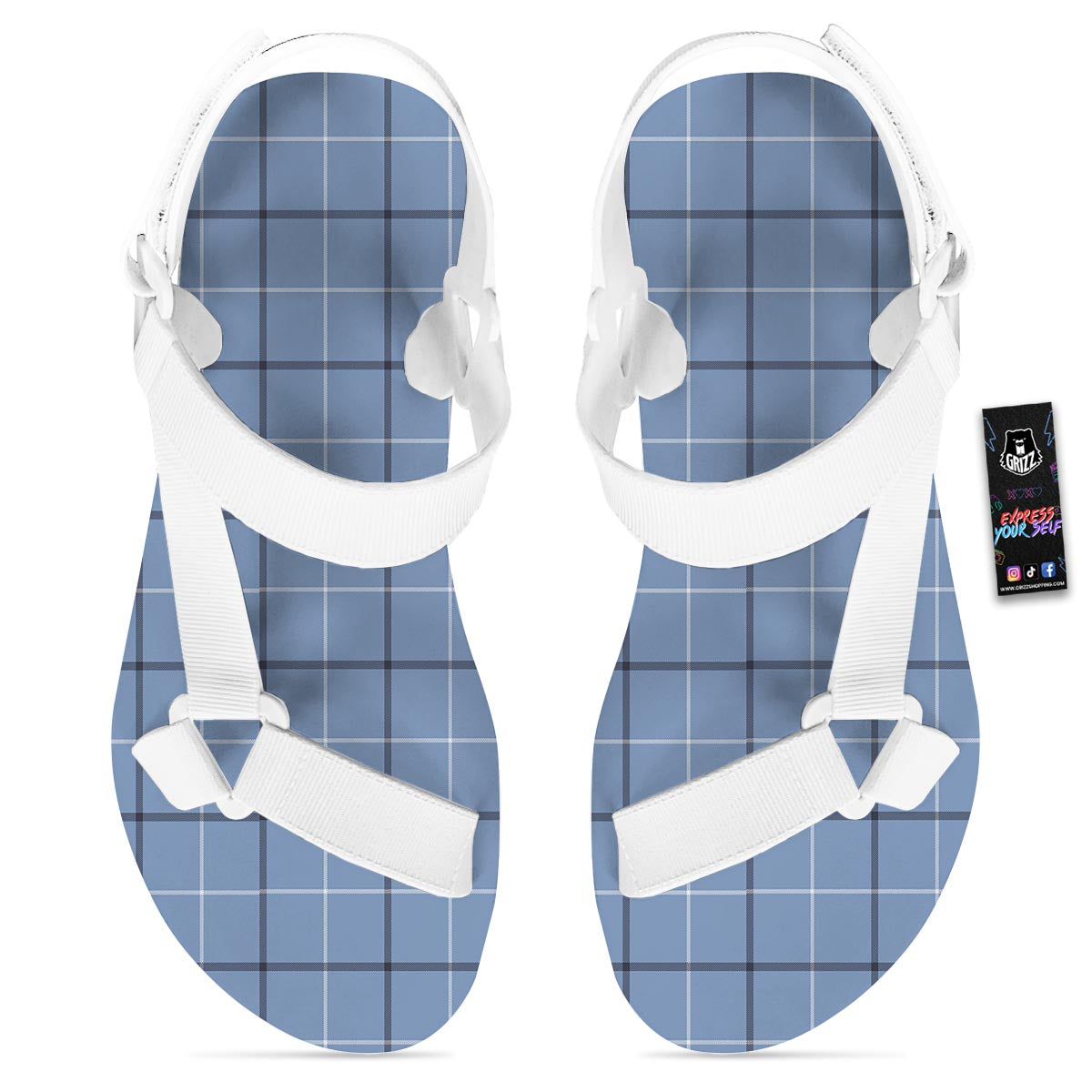 Tattersall Solf Blue Print Pattern White Open Toe Sandals-grizzshop
