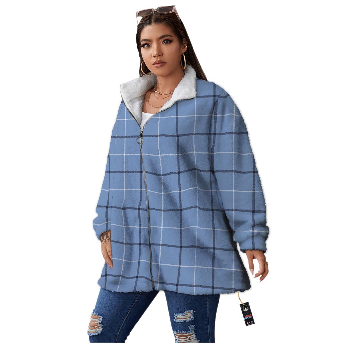 Tattersall Solf Blue Print Pattern Women's Sherpa Jacket-grizzshop