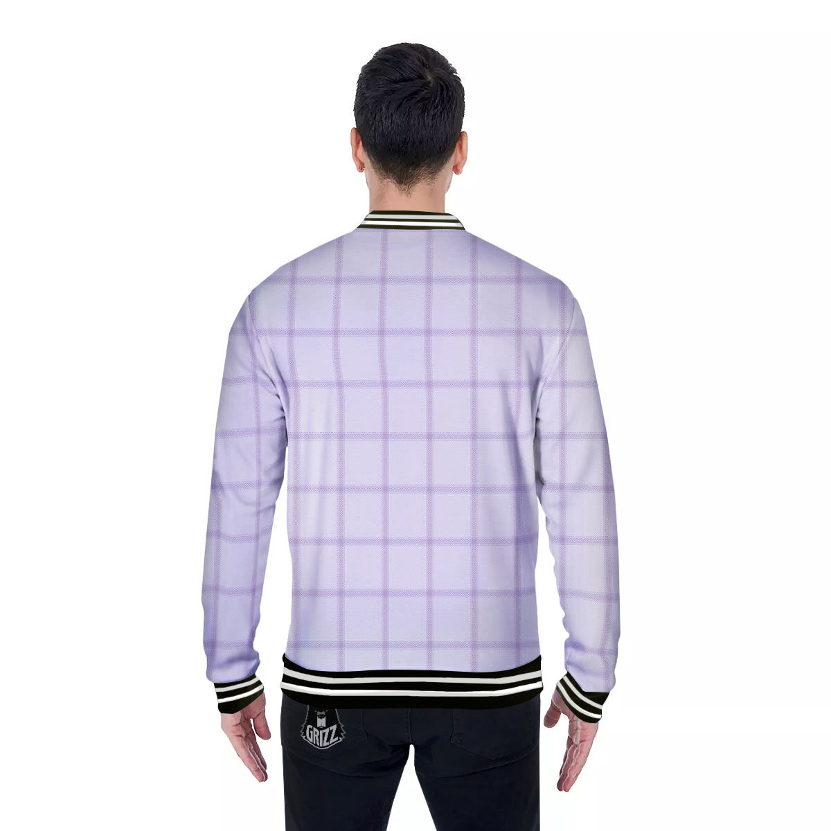 Tattersall White And Purple Print Pattern Baseball Jacket-grizzshop