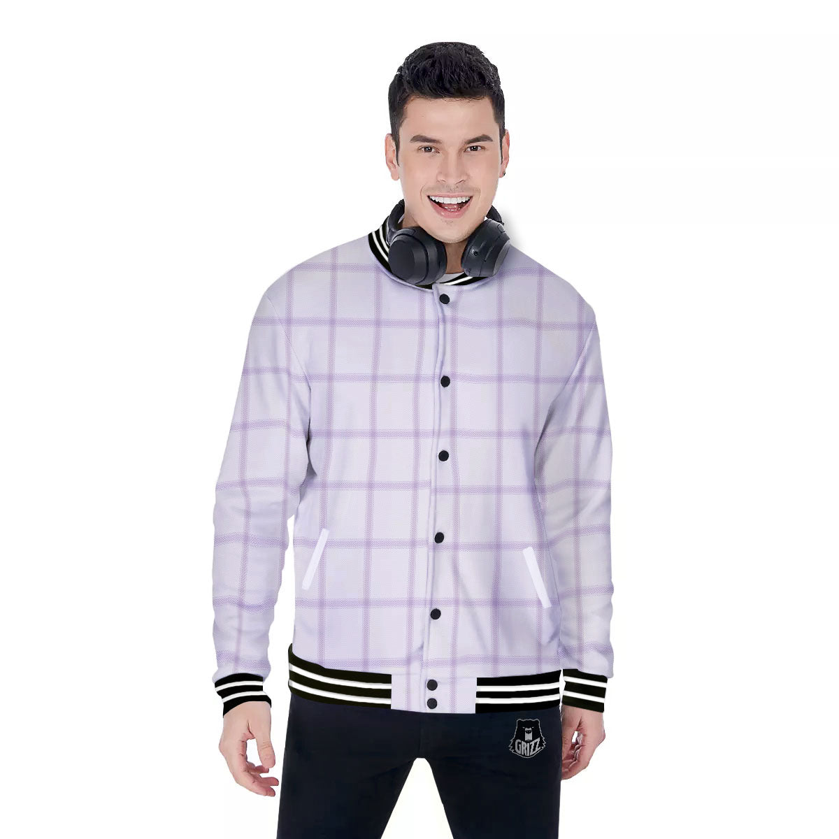 Tattersall White And Purple Print Pattern Baseball Jacket-grizzshop