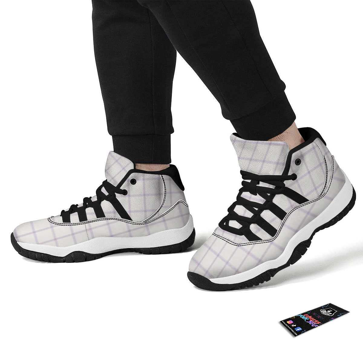 Tattersall White And Purple Print Pattern Black Bball Shoes-grizzshop