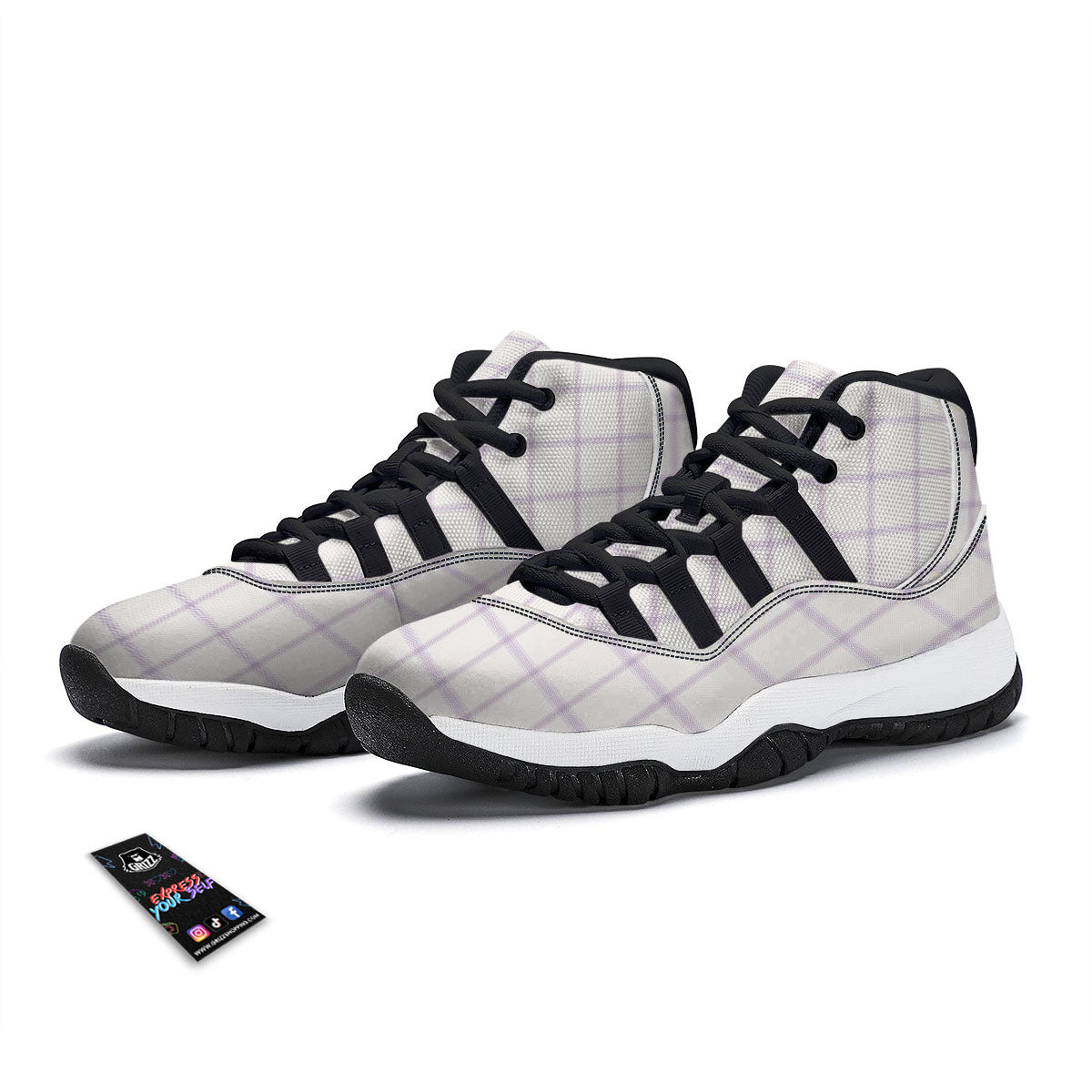 Tattersall White And Purple Print Pattern Black Bball Shoes-grizzshop
