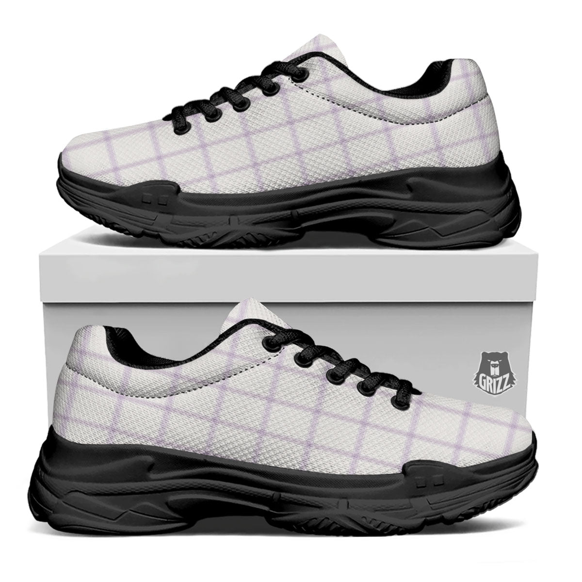 Tattersall White And Purple Print Pattern Black Chunky Shoes-grizzshop