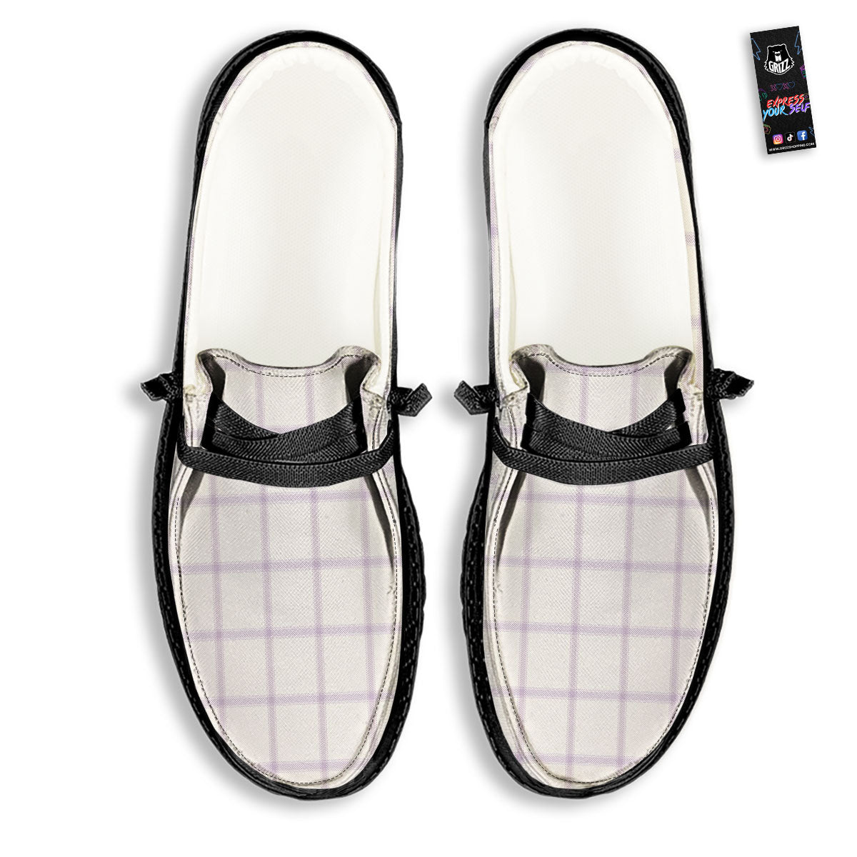 Tattersall White And Purple Print Pattern Black Loafers-grizzshop