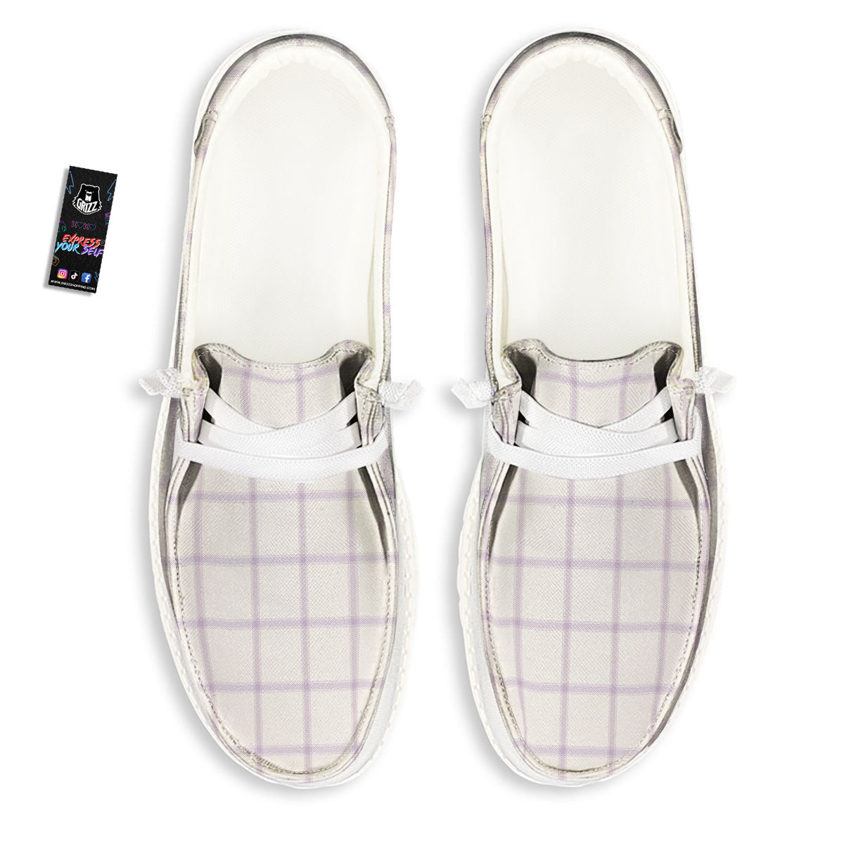 Tattersall White And Purple Print Pattern Black Loafers-grizzshop