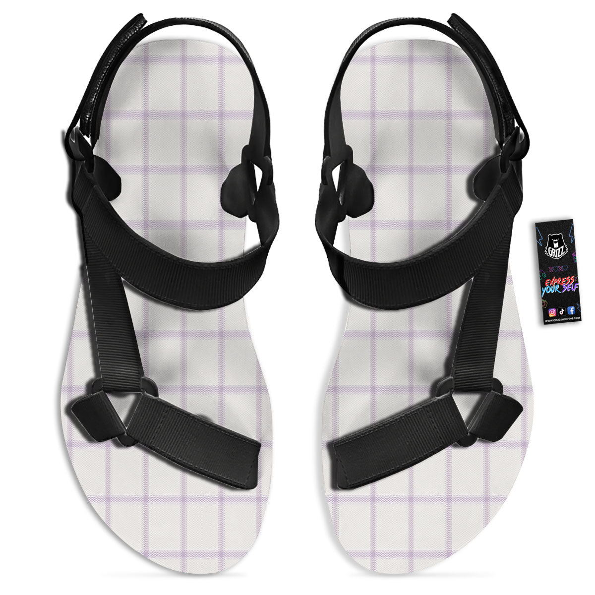Tattersall White And Purple Print Pattern Black Open Toe Sandals-grizzshop