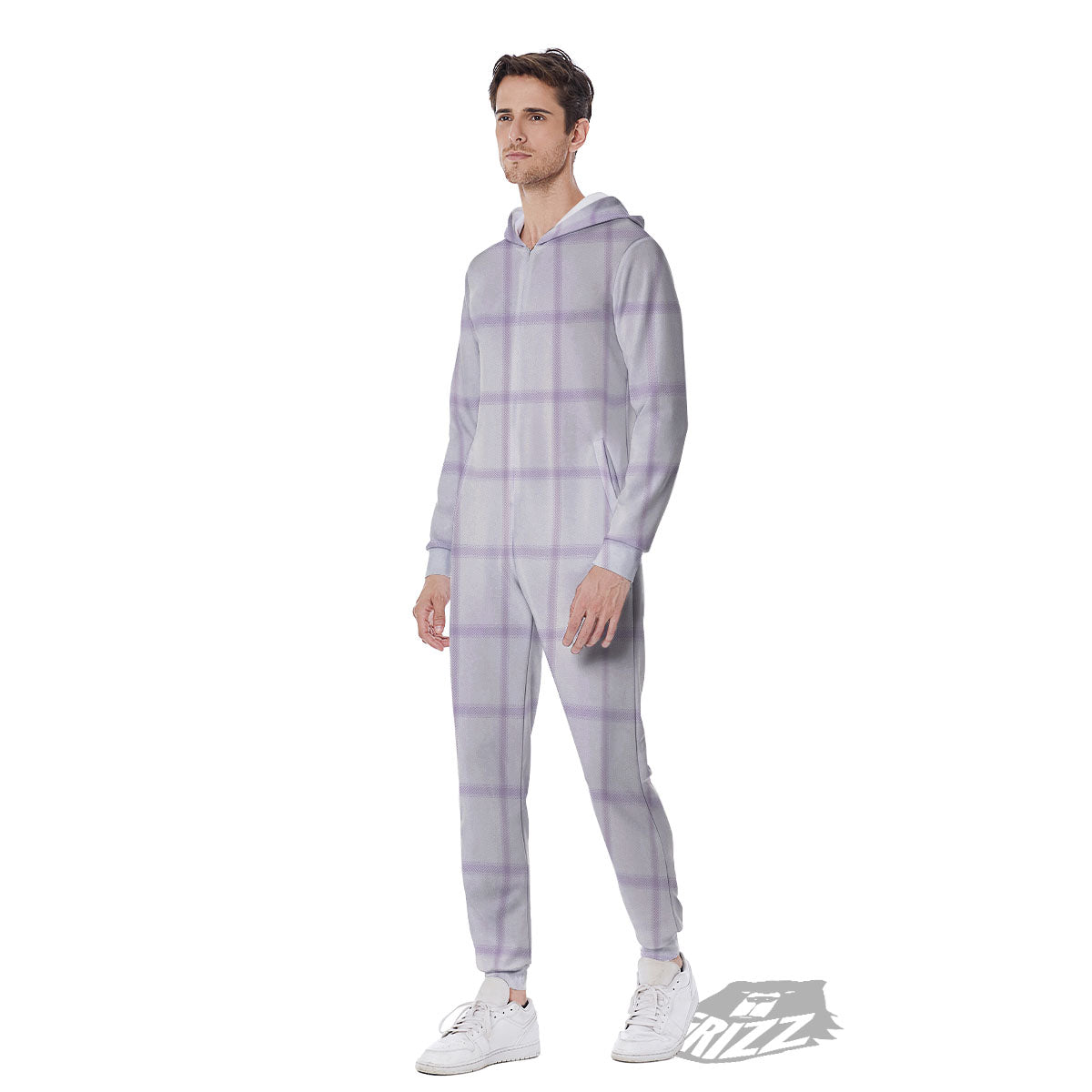 Tattersall White And Purple Print Pattern Men's Jumpsuit-grizzshop