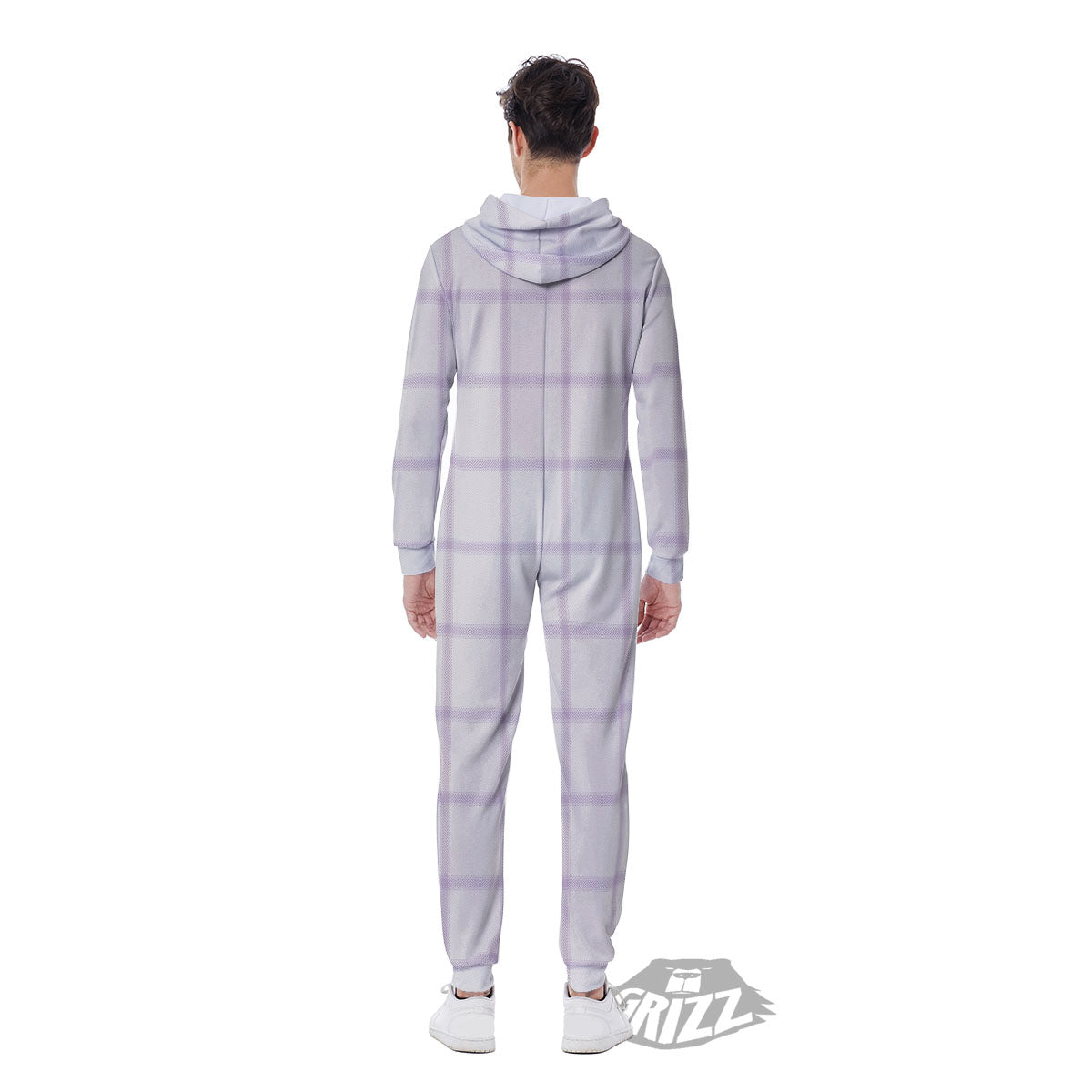 Tattersall White And Purple Print Pattern Men's Jumpsuit-grizzshop