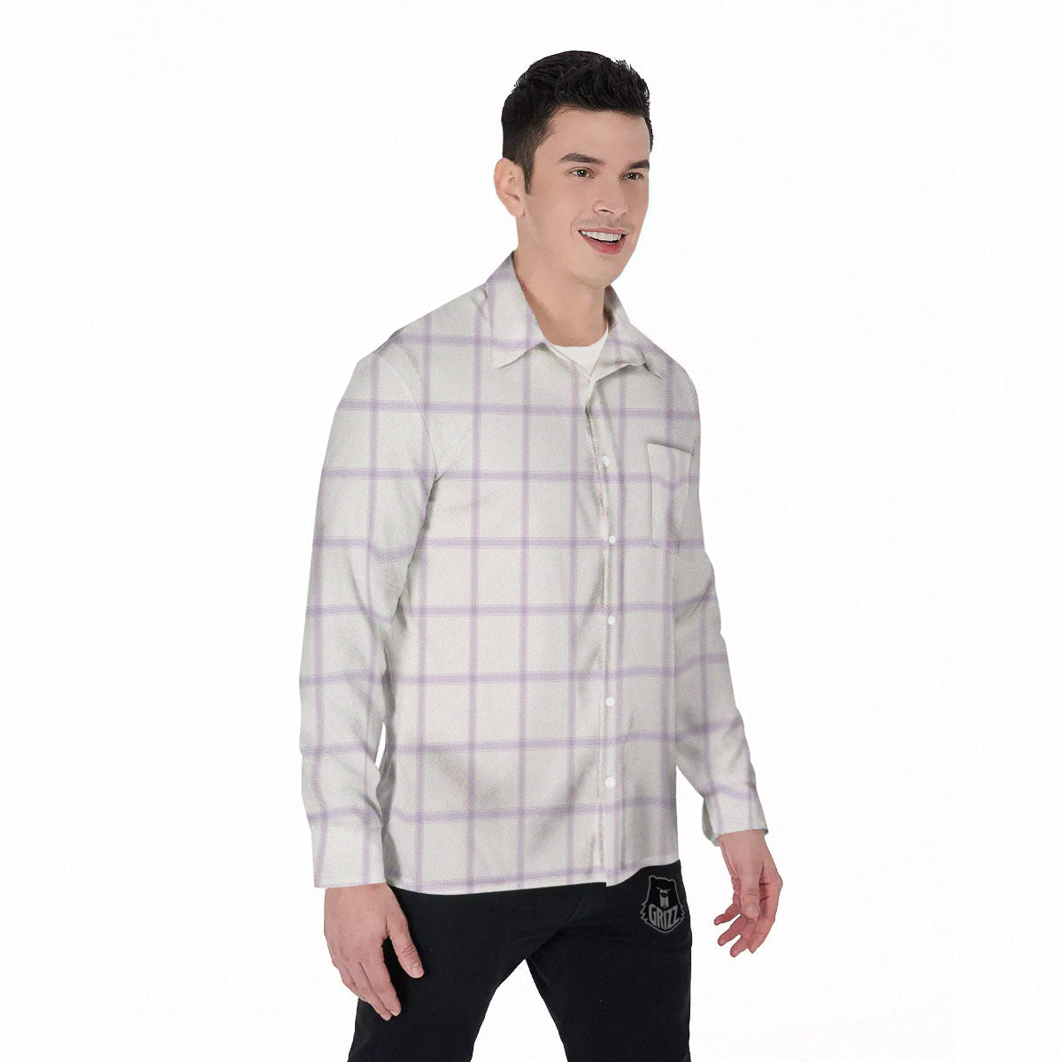 Tattersall White And Purple Print Pattern Men's Long Sleeve Shirts-grizzshop