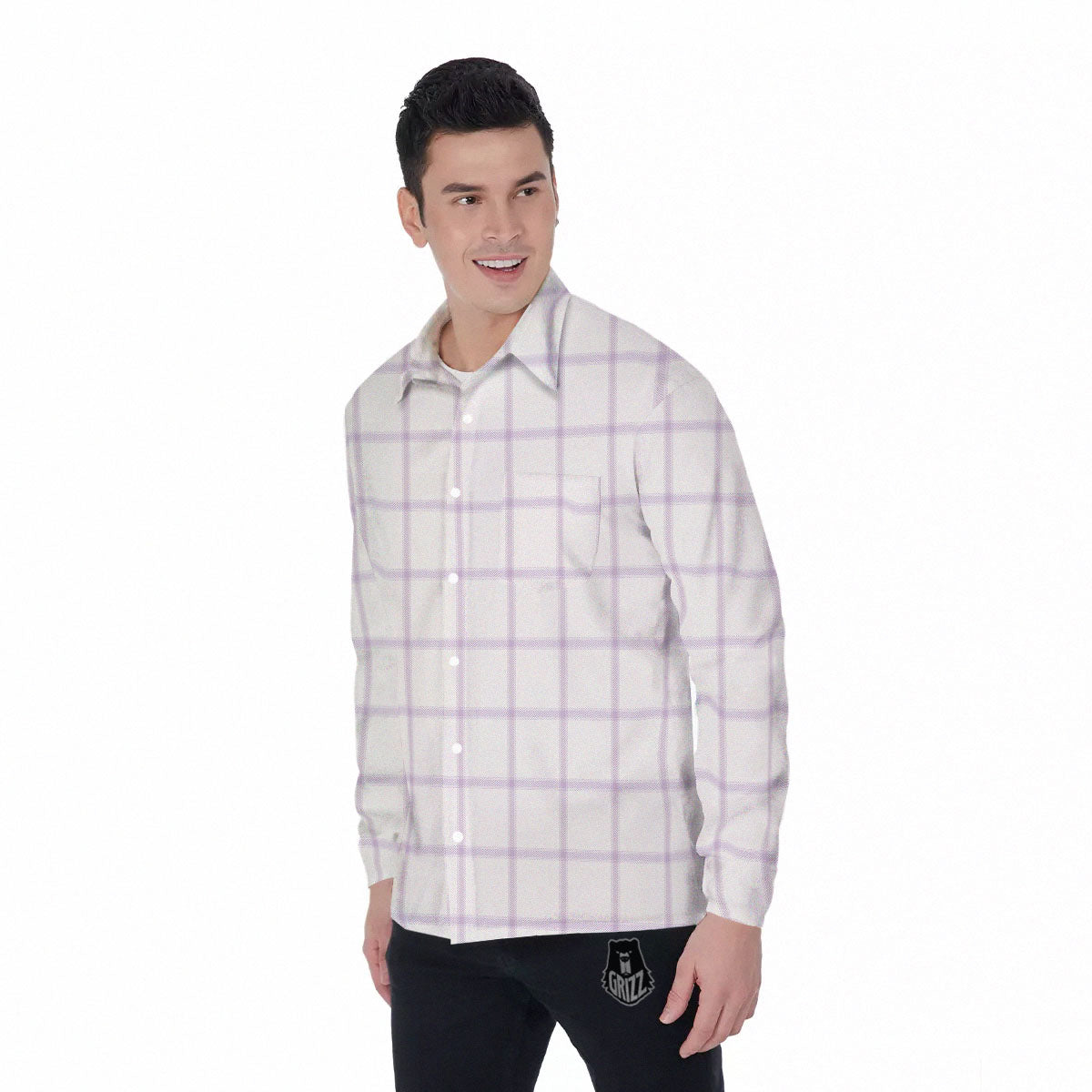 Tattersall White And Purple Print Pattern Men's Long Sleeve Shirts-grizzshop