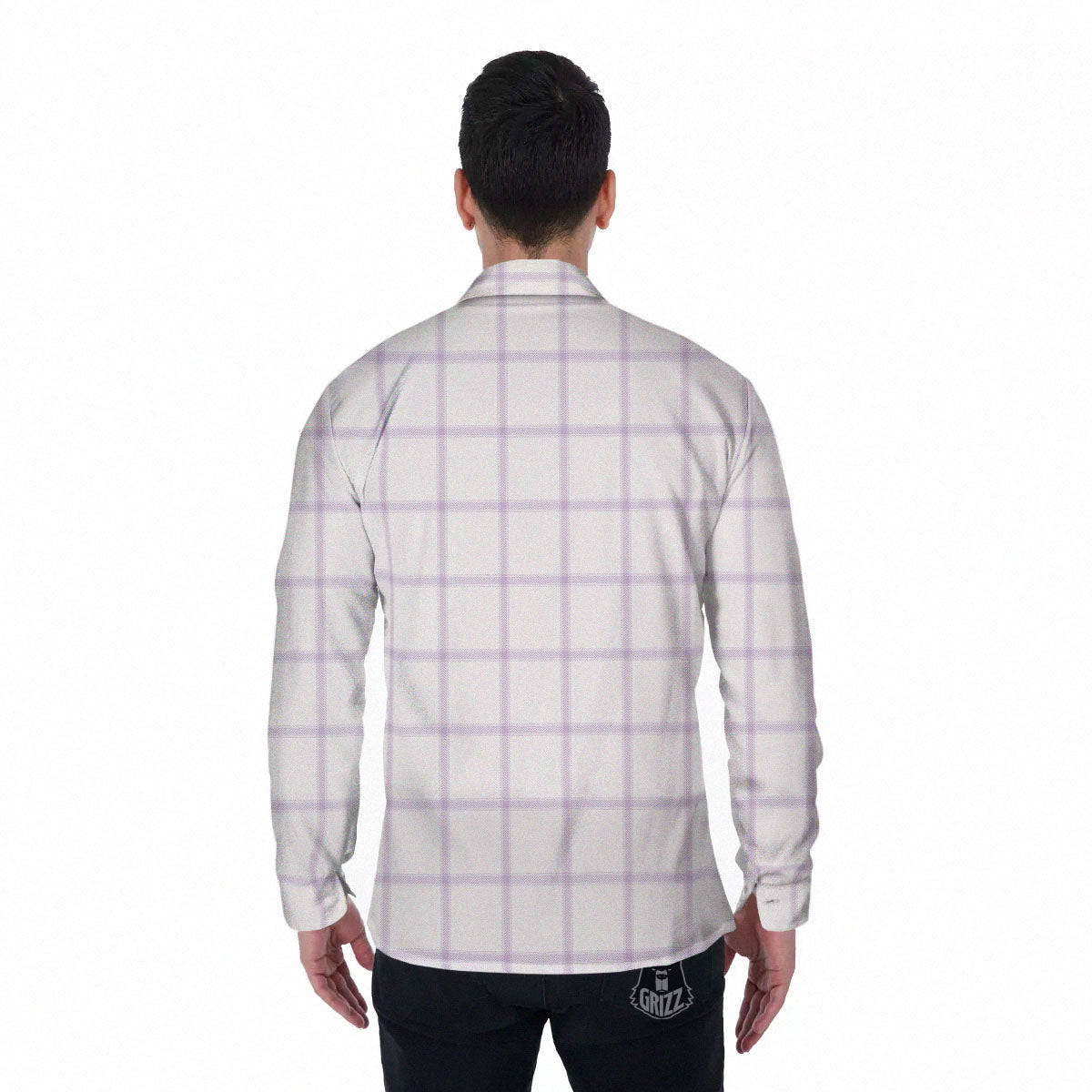 Tattersall White And Purple Print Pattern Men's Long Sleeve Shirts-grizzshop