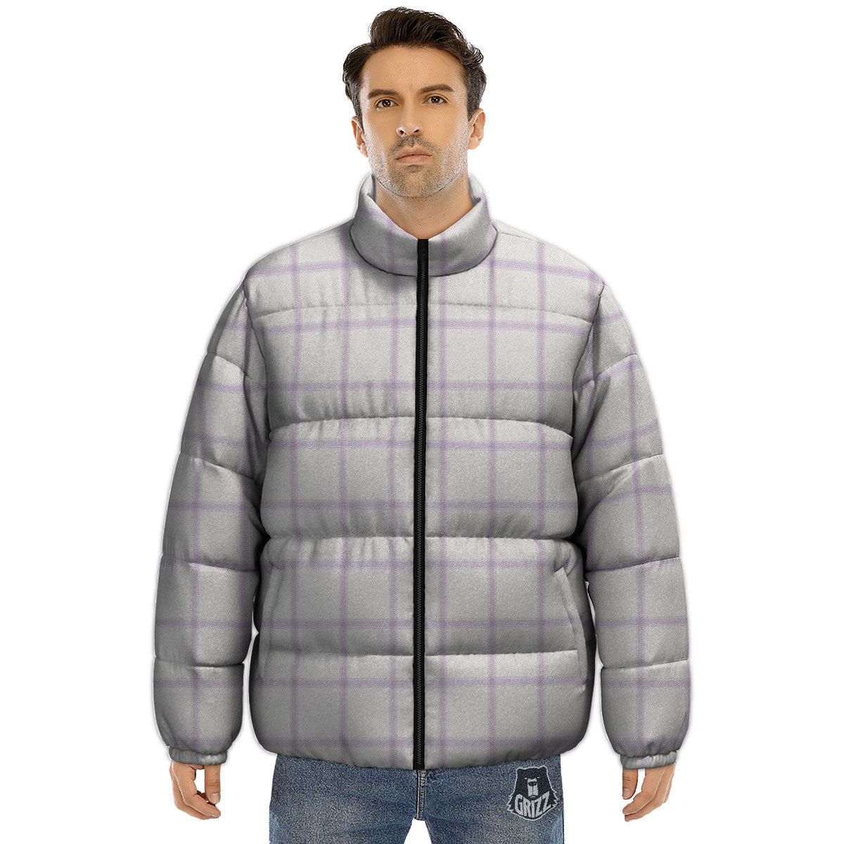 Tattersall White And Purple Print Pattern Puffer Jacket-grizzshop