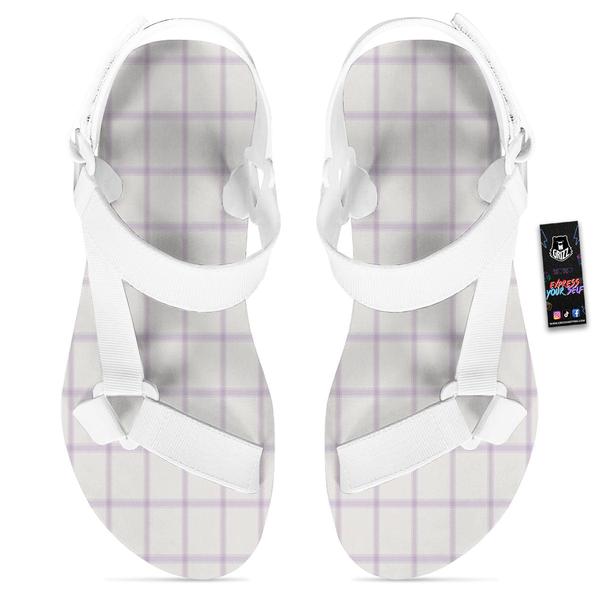 Tattersall White And Purple Print Pattern White Open Toe Sandals-grizzshop
