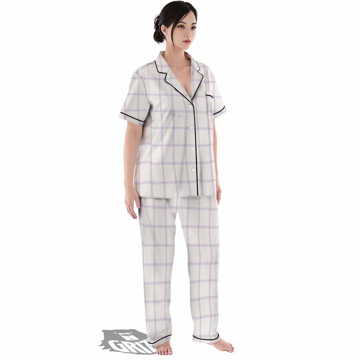 Tattersall White And Purple Print Pattern Women's Pajamas Set-grizzshop