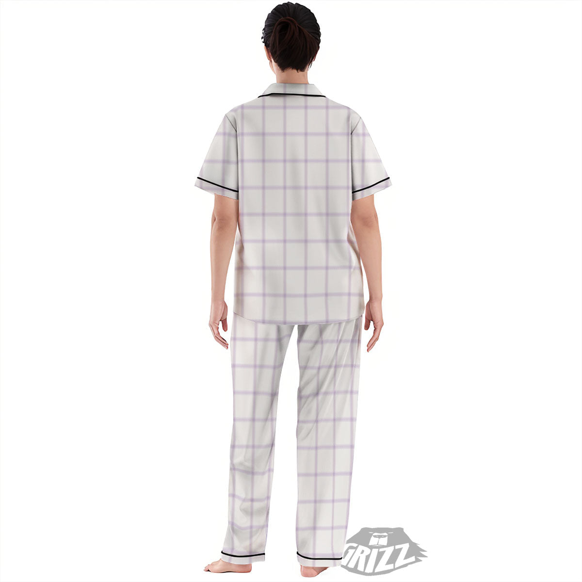 Tattersall White And Purple Print Pattern Women's Pajamas Set-grizzshop