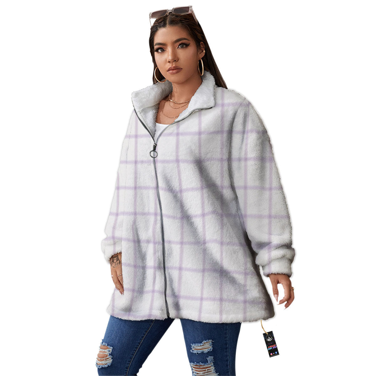 Tattersall White And Purple Print Pattern Women's Sherpa Jacket-grizzshop