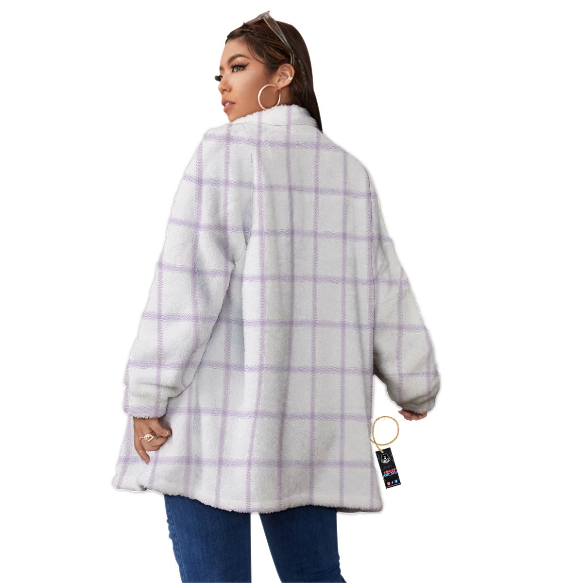 Tattersall White And Purple Print Pattern Women's Sherpa Jacket-grizzshop