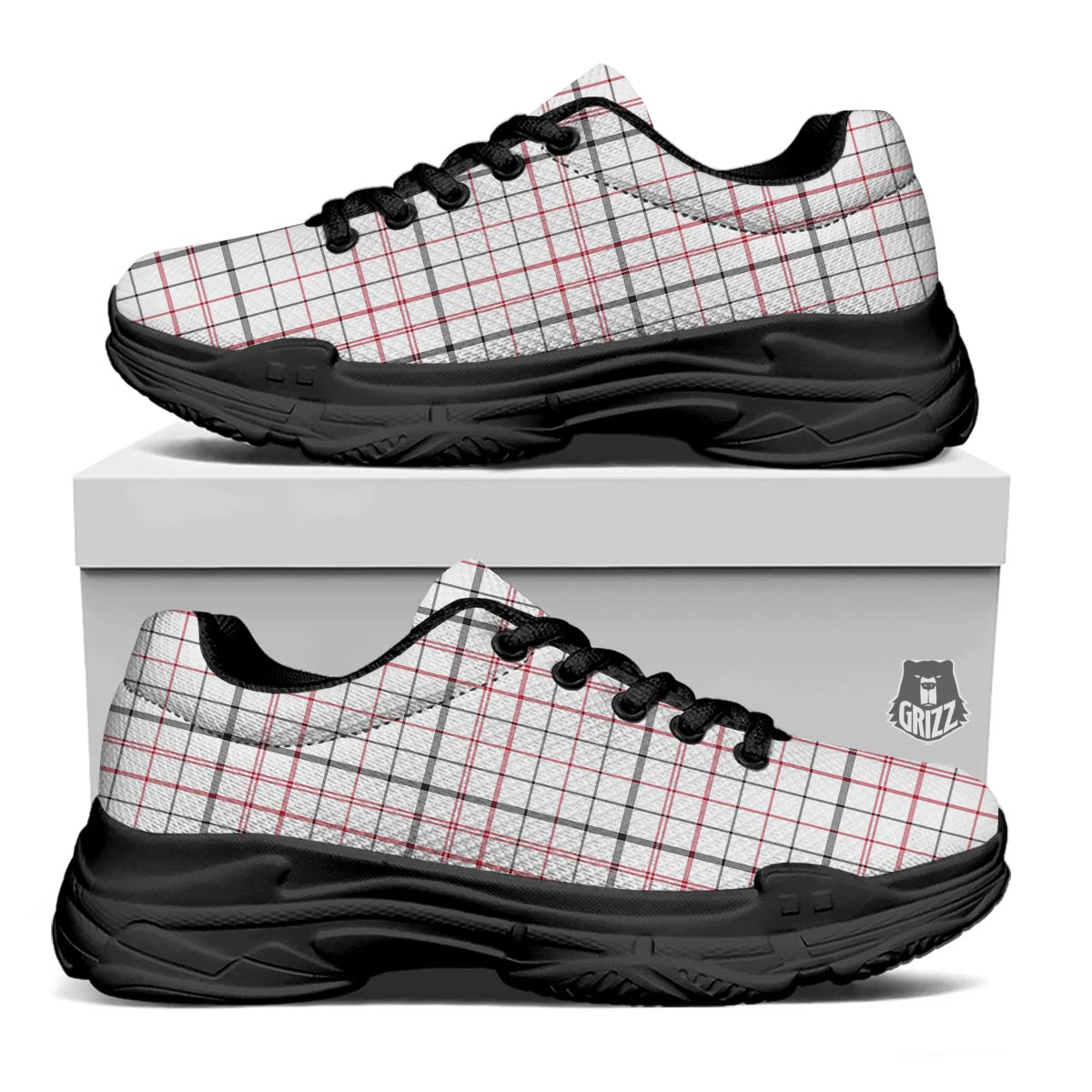 Tattersall White And Red Print Pattern Black Chunky Shoes-grizzshop
