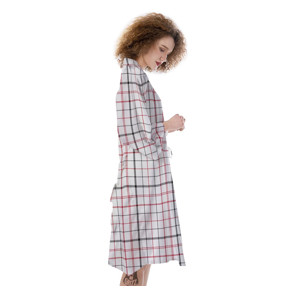 Tattersall White And Red Print Pattern Kimono-grizzshop