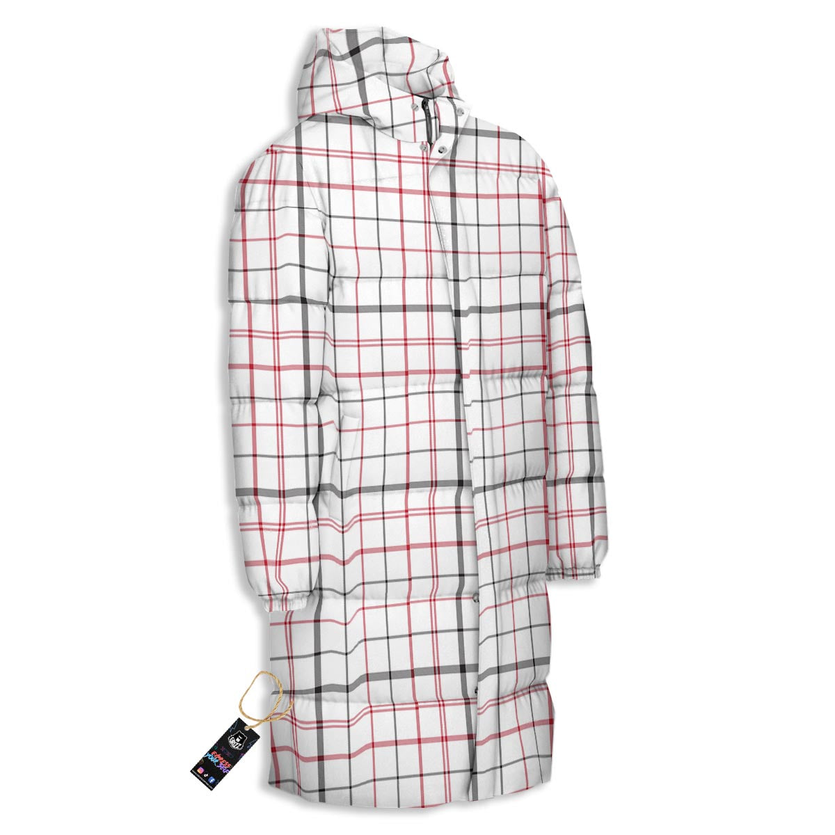 Tattersall White And Red Print Pattern Long Down Jacket-grizzshop