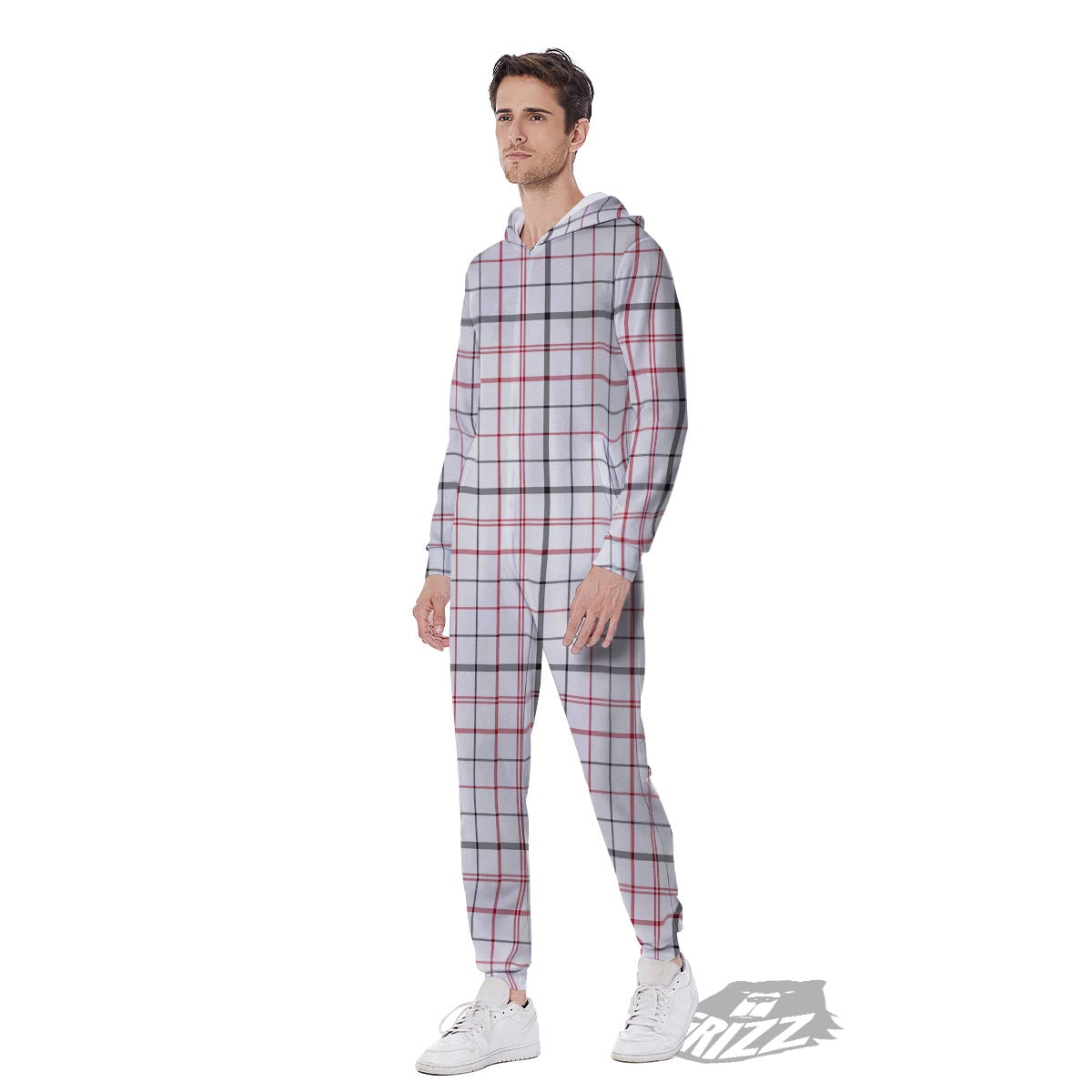Tattersall White And Red Print Pattern Men's Jumpsuit-grizzshop