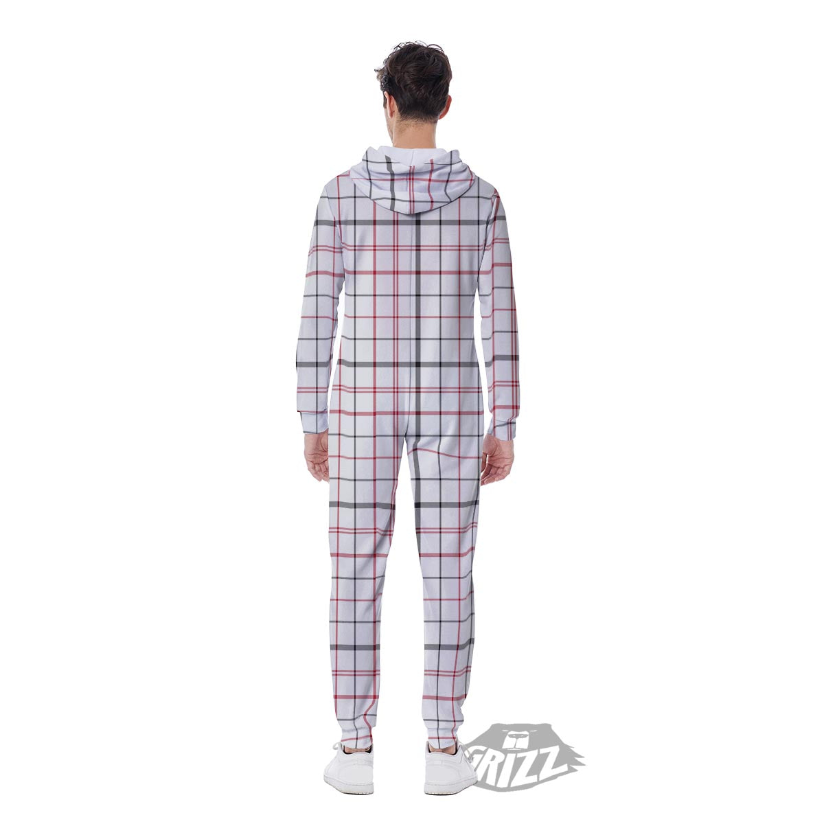 Tattersall White And Red Print Pattern Men's Jumpsuit-grizzshop