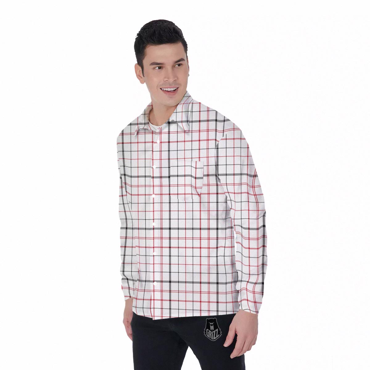 Tattersall White And Red Print Pattern Men's Long Sleeve Shirts-grizzshop