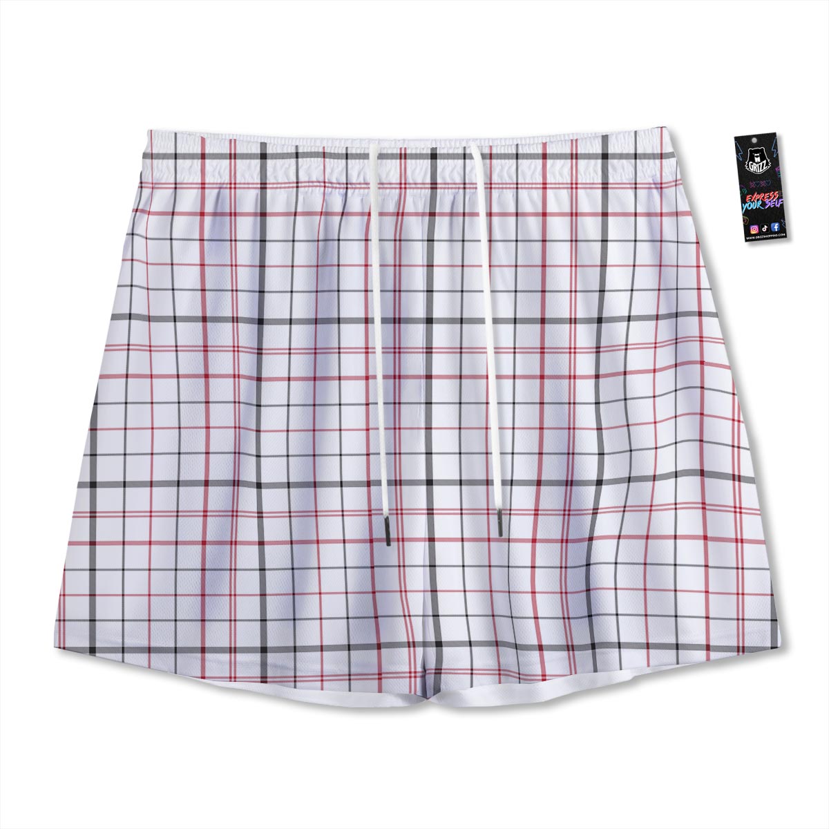 Tattersall White And Red Print Pattern Mesh Shorts