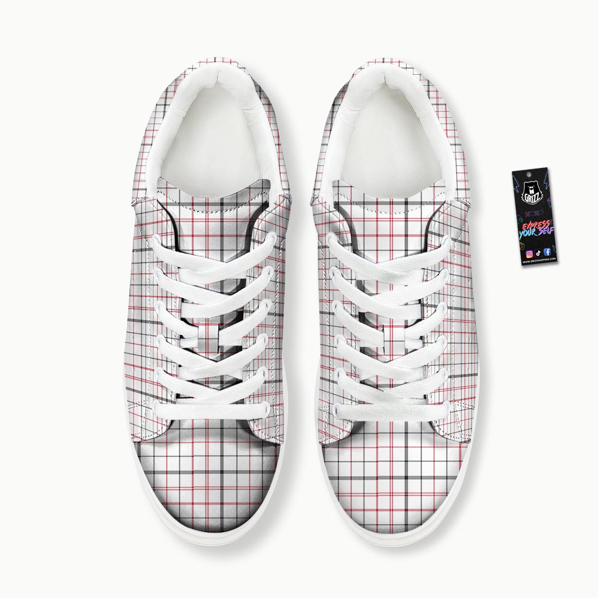 Tattersall White And Red Print Pattern Platform Shoes-grizzshop