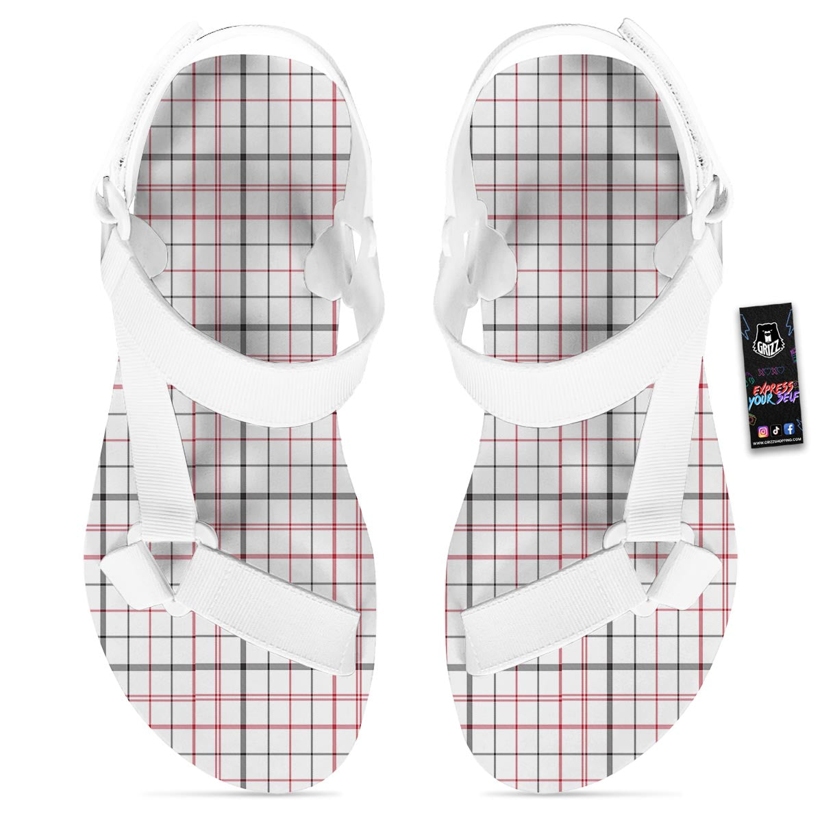 Tattersall White And Red Print Pattern White Open Toe Sandals-grizzshop
