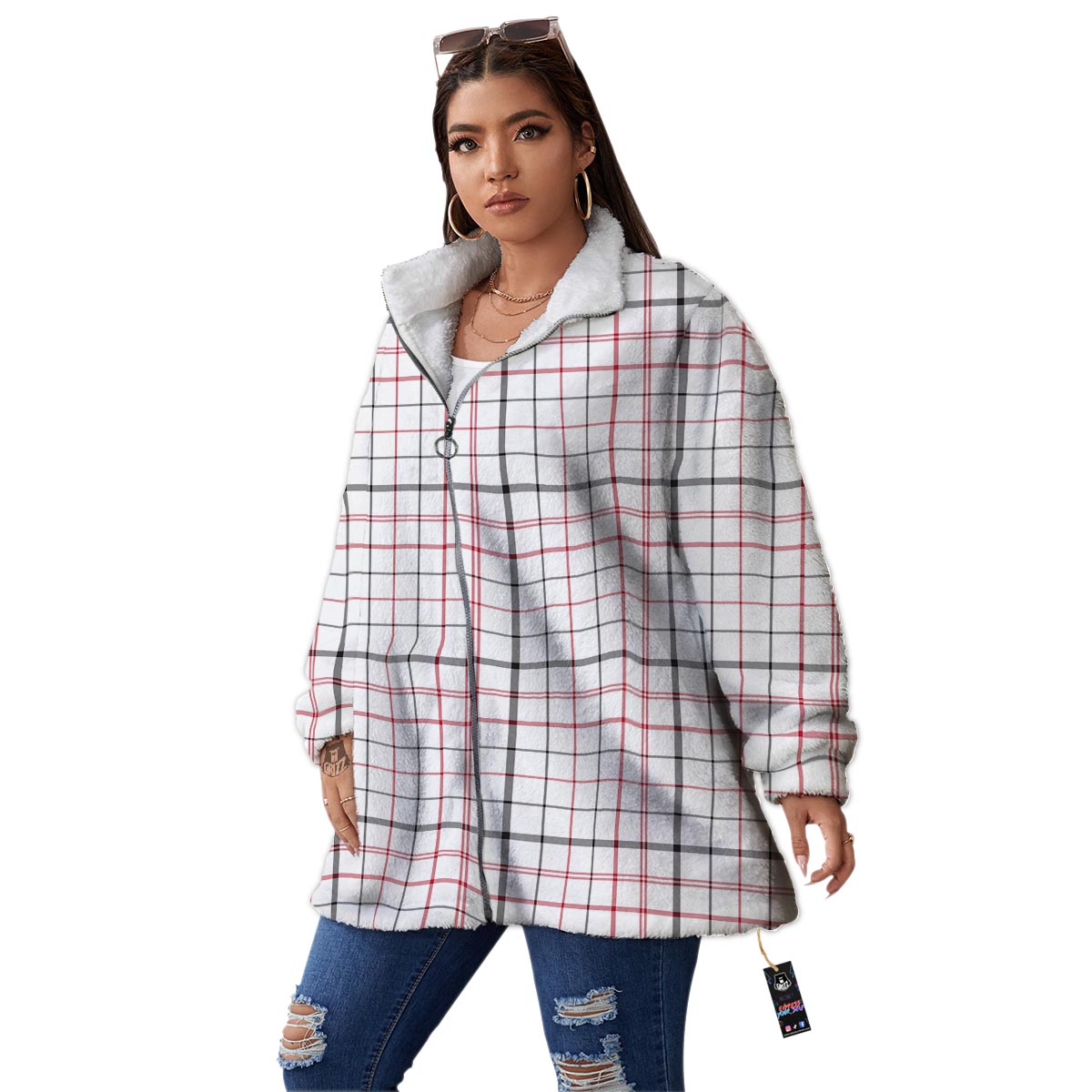 Tattersall White And Red Print Pattern Women's Sherpa Jacket-grizzshop