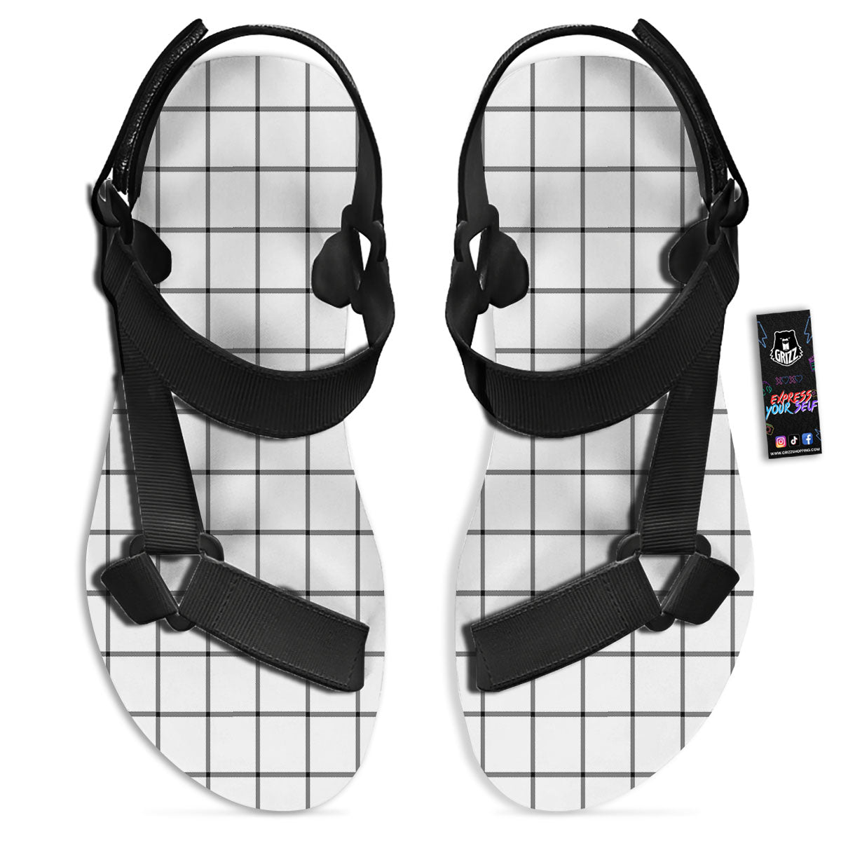 Tattersall White Print Pattern Black Open Toe Sandals-grizzshop