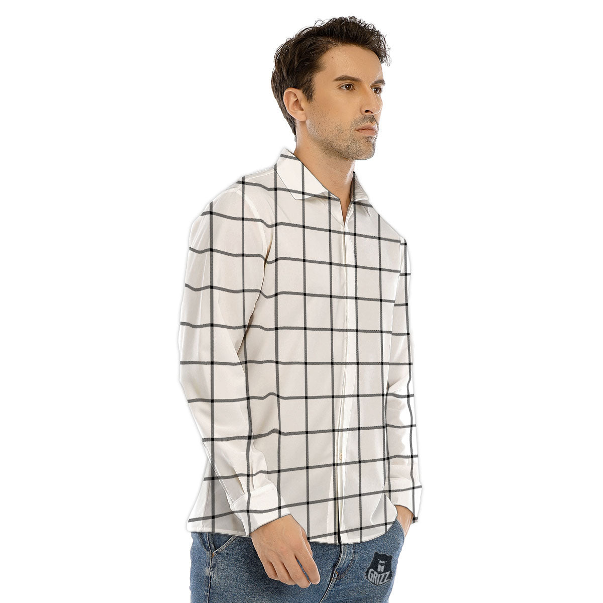 Tattersall White Print Pattern Men's Dress Shirts-grizzshop