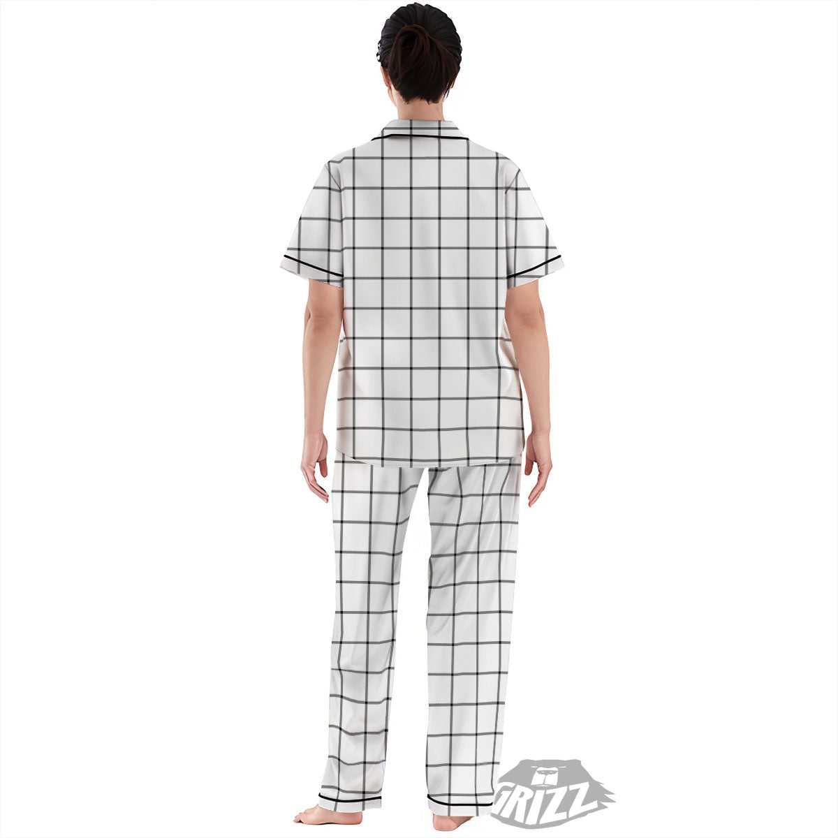 Tattersall White Print Pattern Women's Pajamas Set-grizzshop