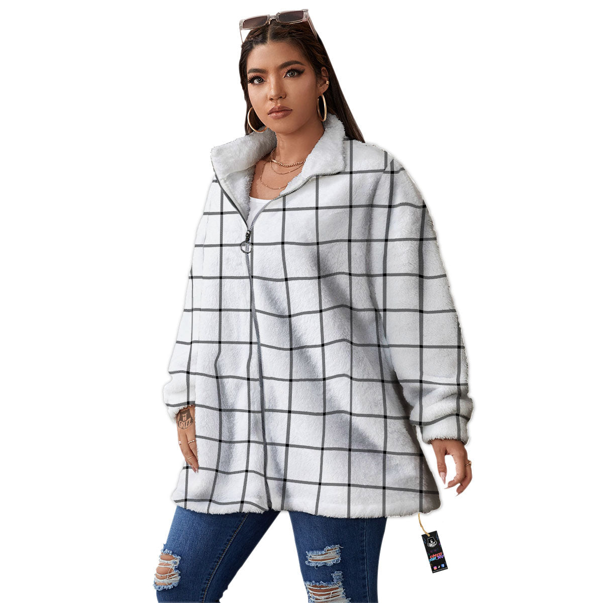 Tattersall White Print Pattern Women's Sherpa Jacket-grizzshop