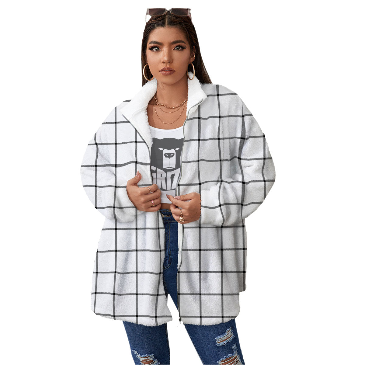 Tattersall White Print Pattern Women's Sherpa Jacket-grizzshop
