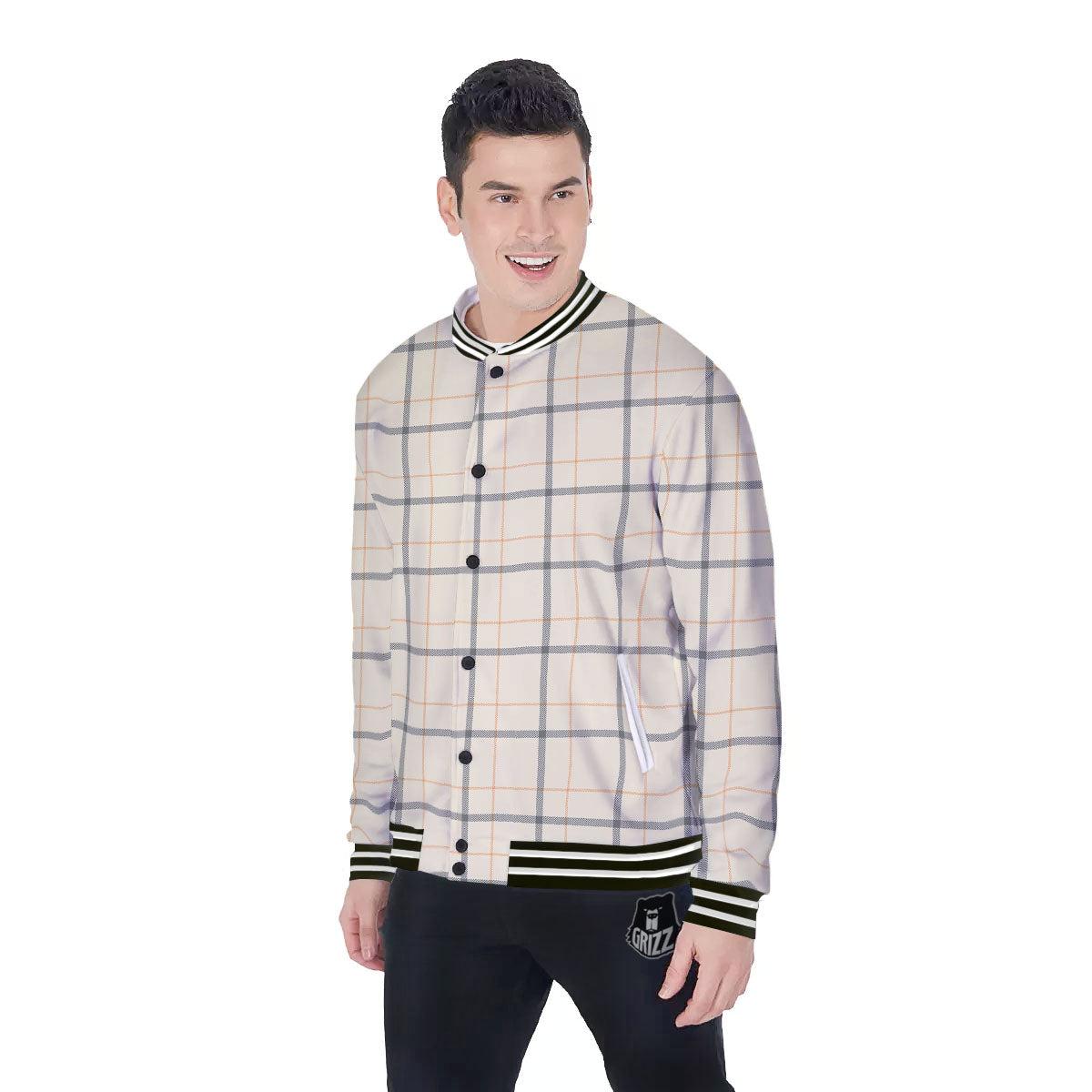 Tattersall Yellow And Beige Print Pattern Baseball Jacket-grizzshop