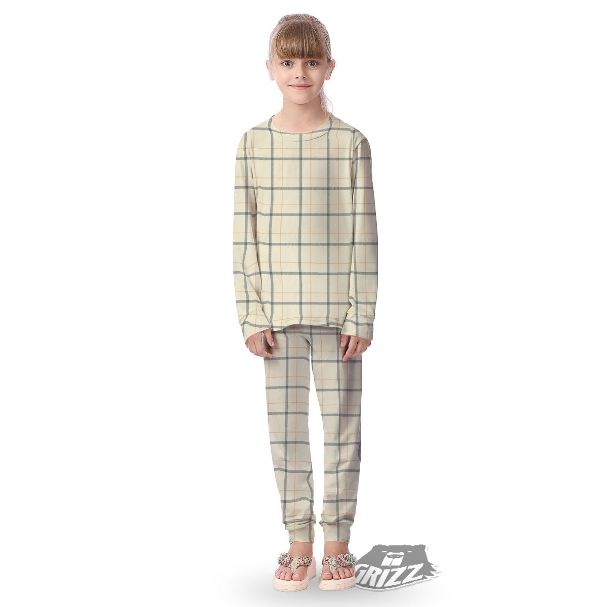 Tattersall Yellow And Beige Print Pattern Kid's Pajamas-grizzshop