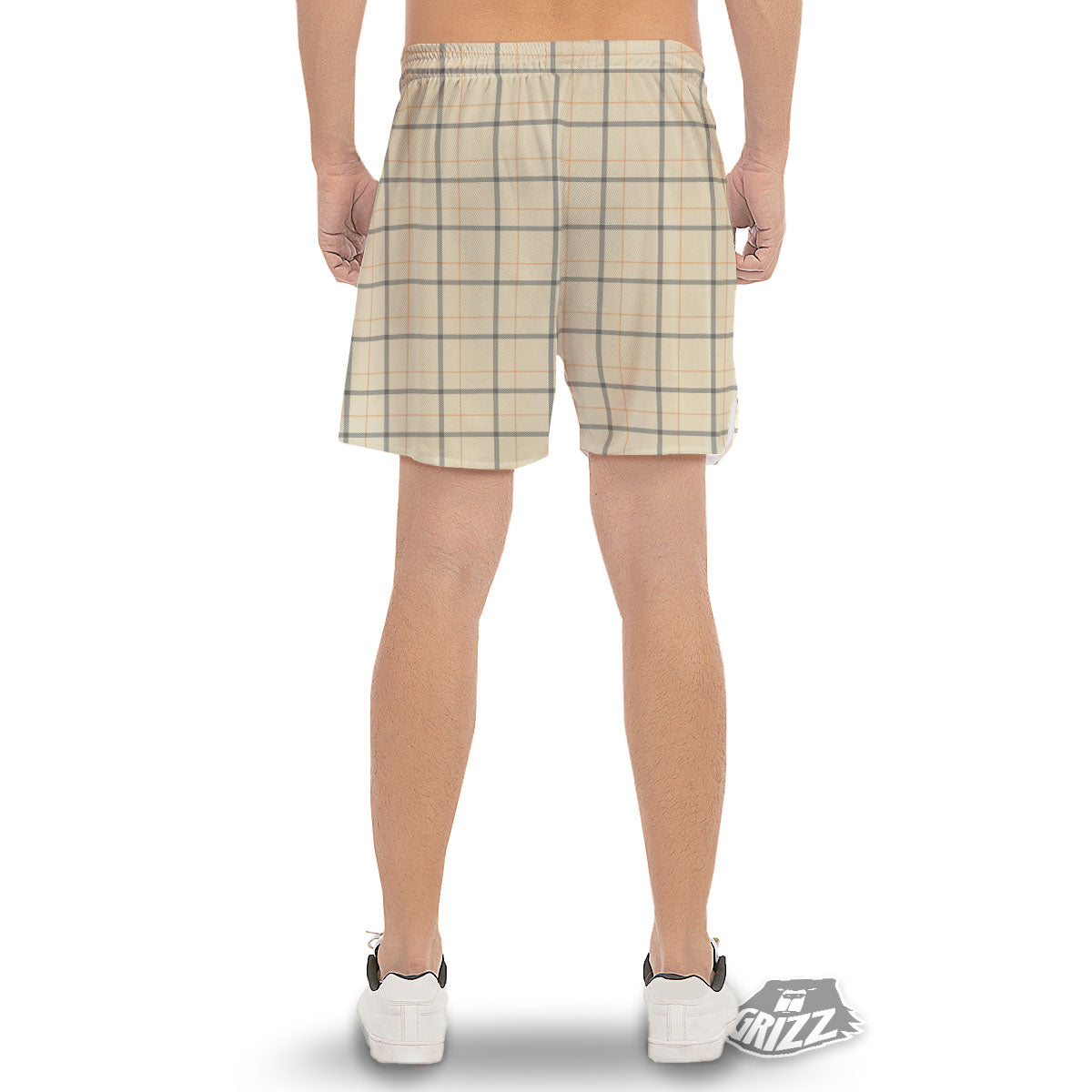 Tattersall Yellow And Beige Print Pattern Men's Gym Shorts-grizzshop