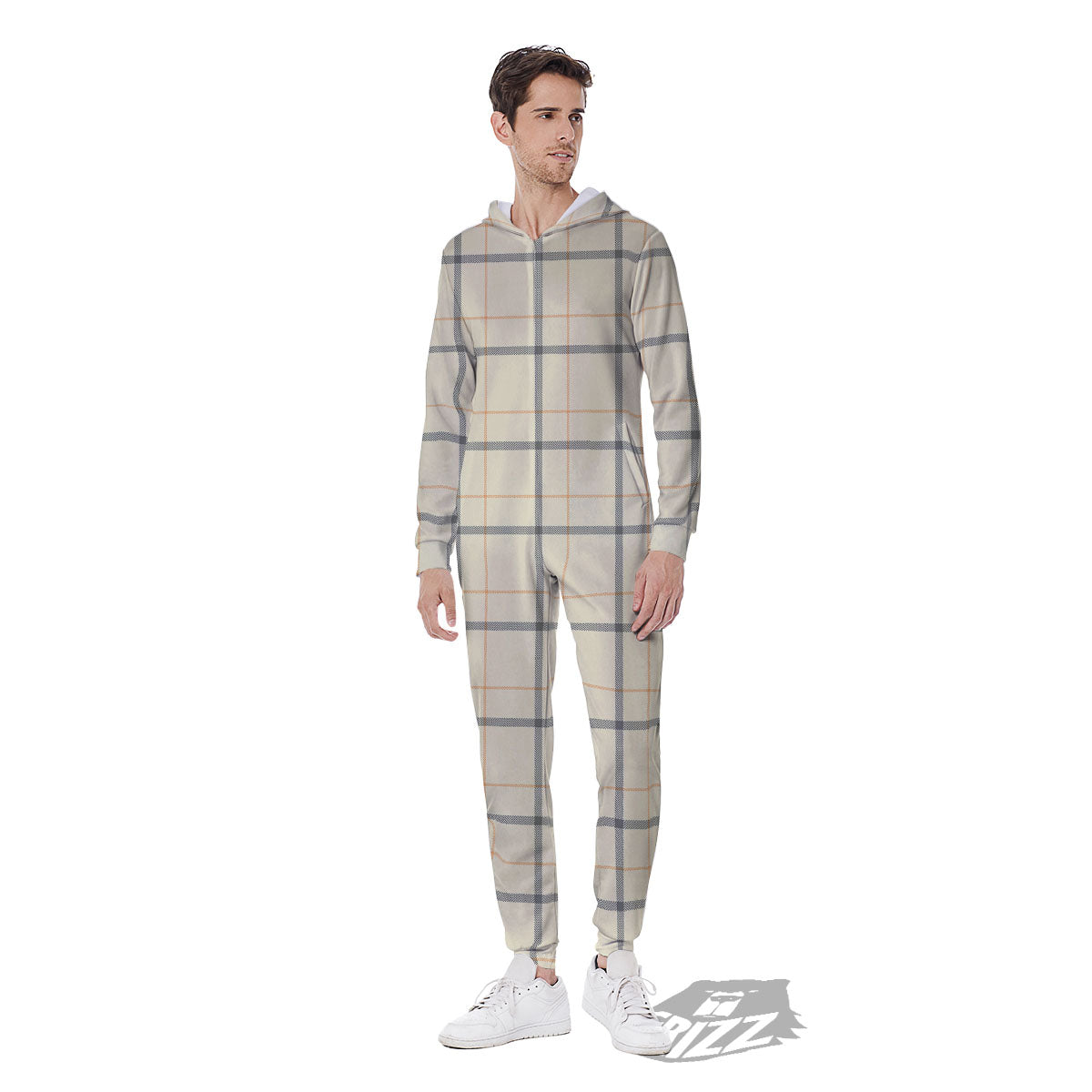 Tattersall Yellow And Beige Print Pattern Men's Jumpsuit-grizzshop