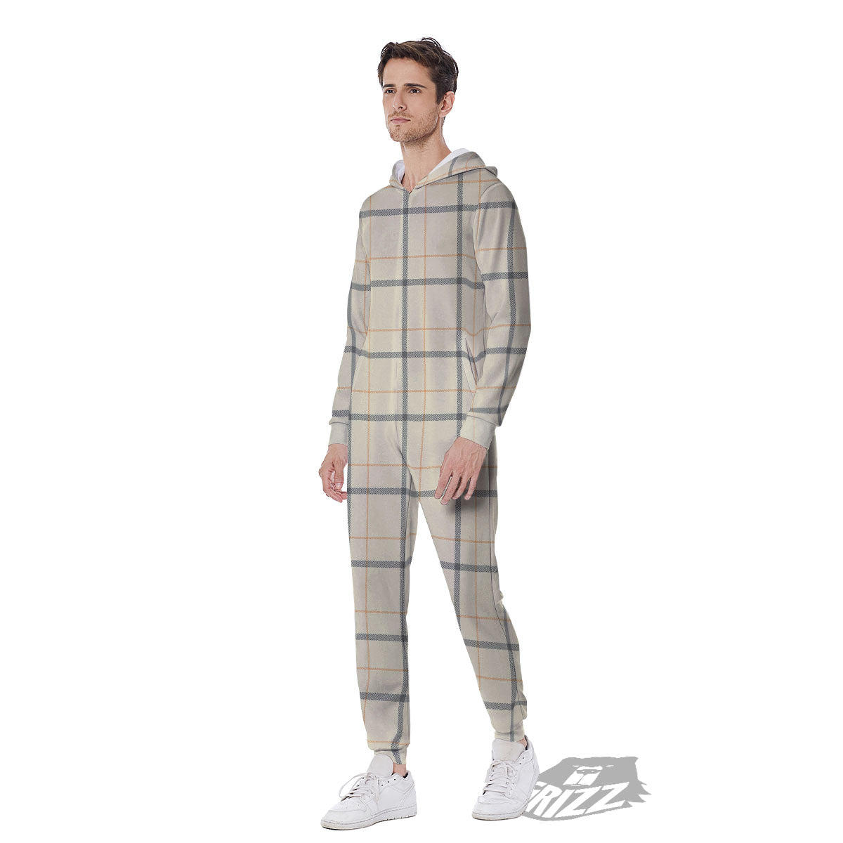 Tattersall Yellow And Beige Print Pattern Men's Jumpsuit-grizzshop