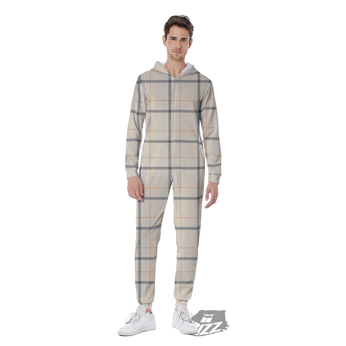 Tattersall Yellow And Beige Print Pattern Men's Jumpsuit-grizzshop
