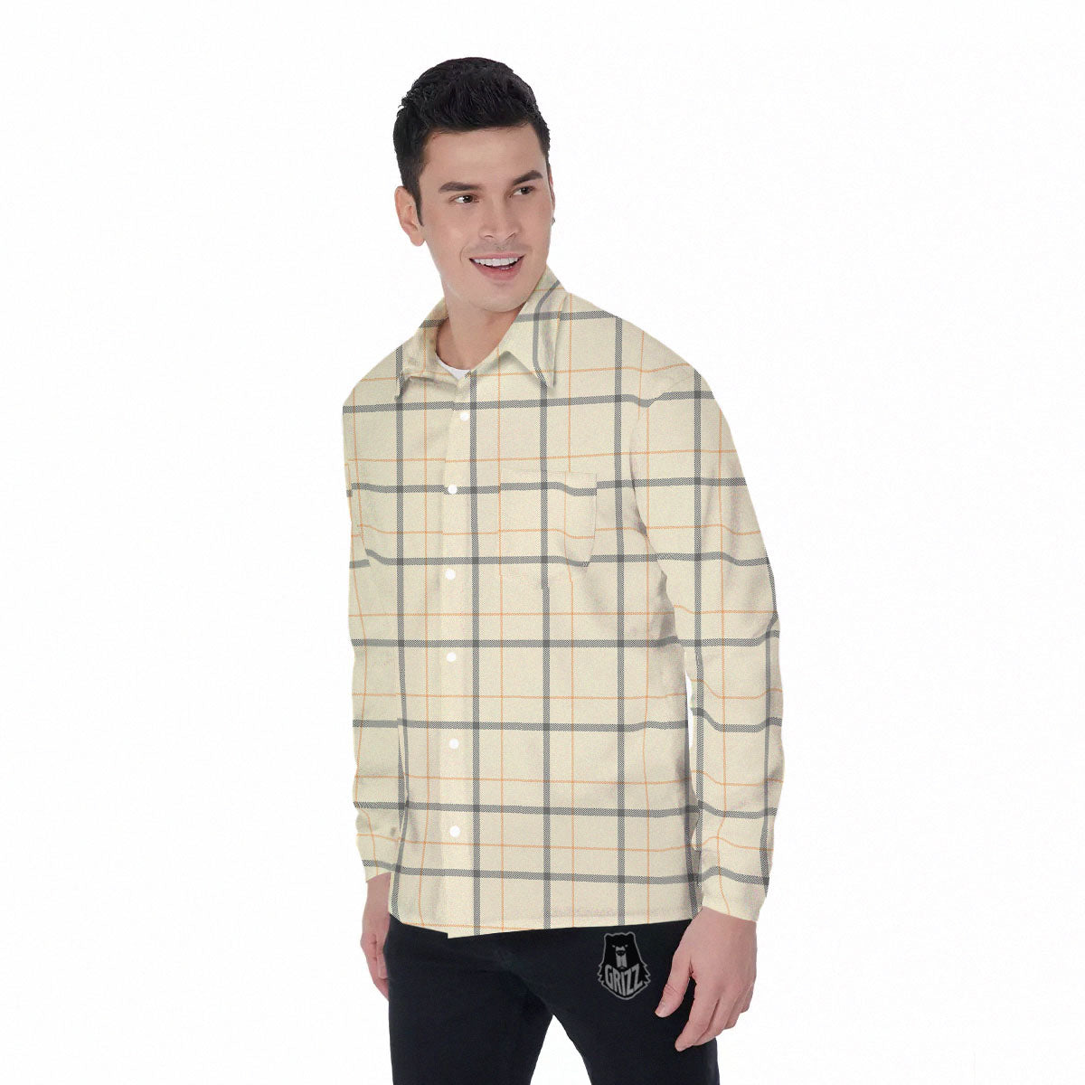 Tattersall Yellow And Beige Print Pattern Men's Long Sleeve Shirts-grizzshop