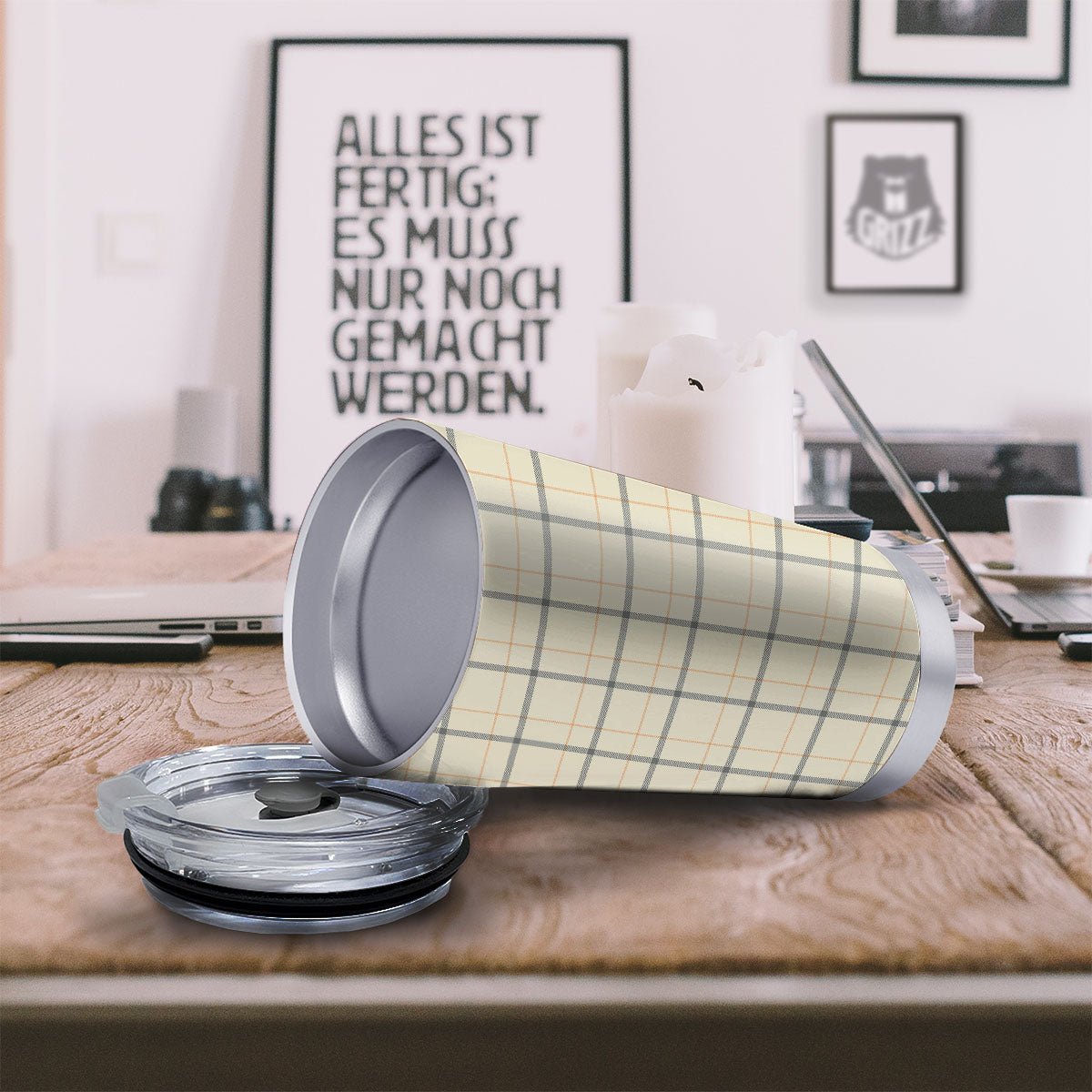 Tattersall Yellow And Beige Print Pattern Tumbler-grizzshop