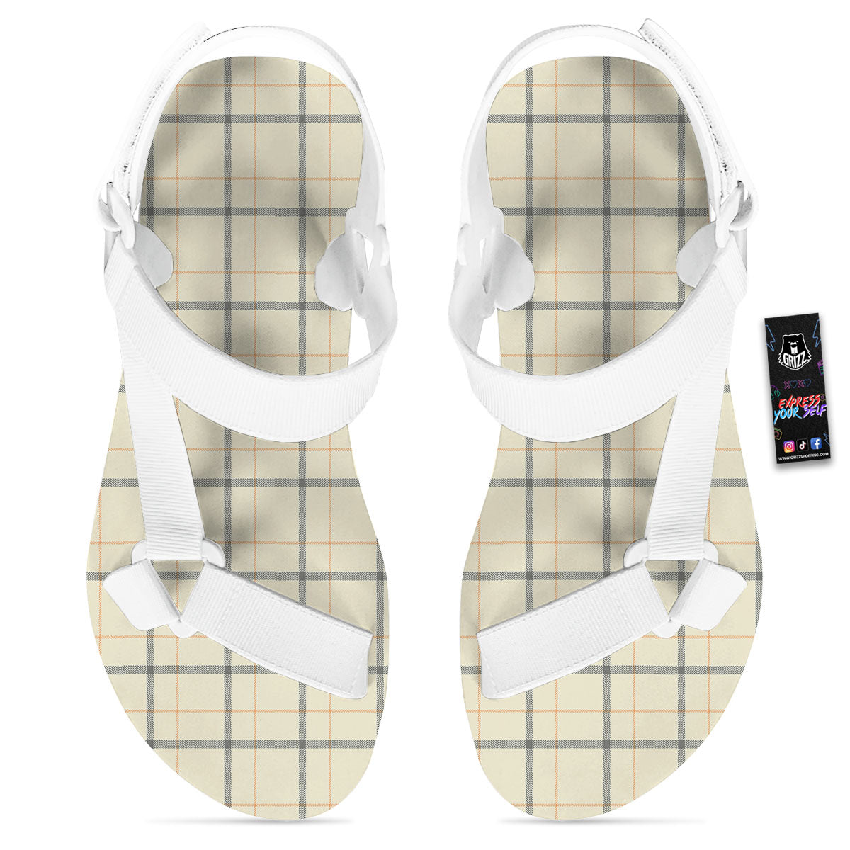 Tattersall Yellow And Beige Print Pattern White Open Toe Sandals-grizzshop